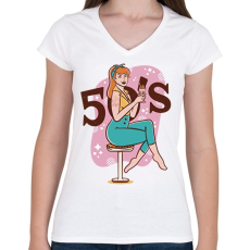 PRINTFASHION Retro lány - 50-es évek - Női V-nyakú póló - Fehér