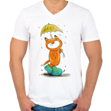 PRINTFASHION Róka az esőben - Férfi V-nyakú póló - Fehér férfi póló