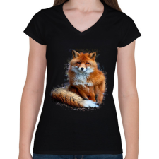 PRINTFASHION róka - Női V-nyakú póló - Fekete női póló