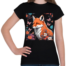 PRINTFASHION róka pillangókkal és virágokkal - Női póló - Fekete női póló