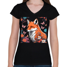 PRINTFASHION róka pillangókkal és virágokkal - Női V-nyakú póló - Fekete