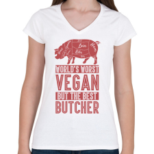 PRINTFASHION Rossz vegán - Jó hentes - Női V-nyakú póló - Fehér női póló