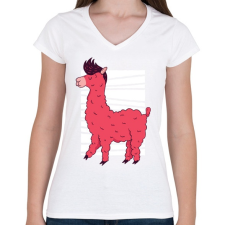 PRINTFASHION Rózsaszín láma - Női V-nyakú póló - Fehér női póló