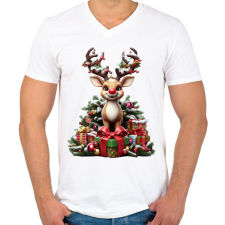 PRINTFASHION Rudolf, a piros orrú rénszarvas - Férfi V-nyakú póló - Fehér férfi póló