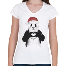 PRINTFASHION Santa panda - Női V-nyakú póló - Fehér női póló
