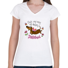 PRINTFASHION She's very happy dachshund - Női V-nyakú póló - Fehér