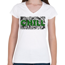 PRINTFASHION Sötétzöld CHILL - Női V-nyakú póló - Fehér női póló