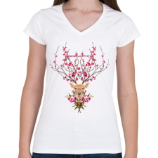 PRINTFASHION Spring deer - Női V-nyakú póló - Fehér női póló
