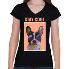 PRINTFASHION Stay Cool Frenchie - Női V-nyakú póló - Fekete