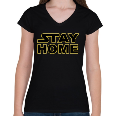 PRINTFASHION Stay Home - Női V-nyakú póló - Fekete