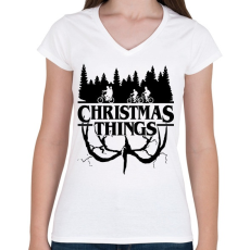 PRINTFASHION Stranger things Christmas things fekete - Női V-nyakú póló - Fehér