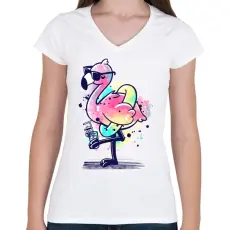 PRINTFASHION Summer Flamingo - Női V-nyakú póló - Fehér