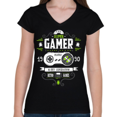 PRINTFASHION Super Retro Gamer - Női V-nyakú póló - Fekete