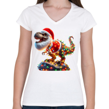 PRINTFASHION Szakállas Tirex dinoszaurusz mikulás sapkában - karácsonyi - Női V-nyakú póló - Fehér női póló