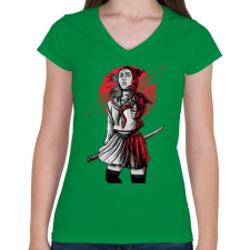 PRINTFASHION Szamuráj lány - Női V-nyakú póló - Zöld női póló