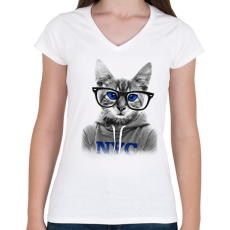 PRINTFASHION Szemüveges Macska - Női V-nyakú póló - Fehér