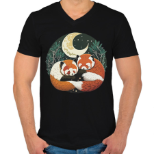 PRINTFASHION Szerelmes vörös pandák - Férfi V-nyakú póló - Fekete férfi póló