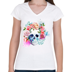 PRINTFASHION Színes halálfej festmény - Női V-nyakú póló - Fehér