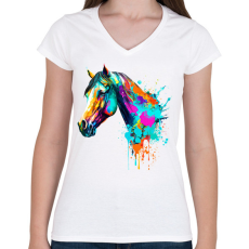 PRINTFASHION Színes ló - Női V-nyakú póló - Fehér