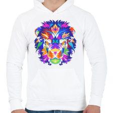 PRINTFASHION Színes oroszlán - Férfi kapucnis pulóver - Fehér férfi pulóver, kardigán
