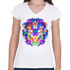 PRINTFASHION Színes oroszlán - Női V-nyakú póló - Fehér női póló