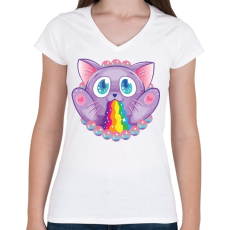 PRINTFASHION Szivárvány macska - Női V-nyakú póló - Fehér