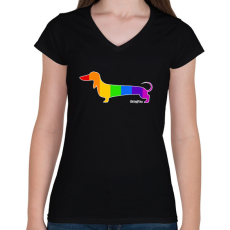 PRINTFASHION Szivárvány testű tacskó - Női V-nyakú póló - Fekete
