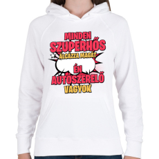 PRINTFASHION SZUPERHŐS AUTÓSZERELŐ - Női kapucnis pulóver - Fehér