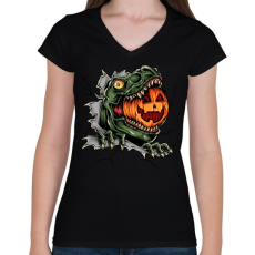 PRINTFASHION T-rex es a Halloween tökfej - Női V-nyakú póló - Fekete