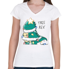 PRINTFASHION T-rex karácsonyfa - Női V-nyakú póló - Fehér női póló