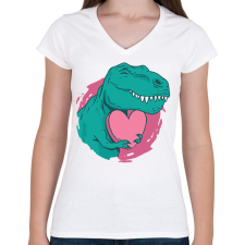 PRINTFASHION T-rex szívvel - Női V-nyakú póló - Fehér női póló