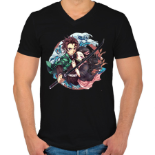 PRINTFASHION Tanjiro én Nezuko - Férfi V-nyakú póló - Fekete férfi póló