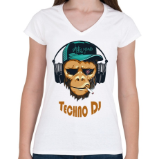 PRINTFASHION Techno DJ - Majom - Női V-nyakú póló - Fehér