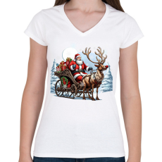 PRINTFASHION Télapó és Rudolf, a piros orrú rénszarvas - Női V-nyakú póló - Fehér