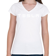 PRINTFASHION Tesla logo - Női V-nyakú póló - Fehér