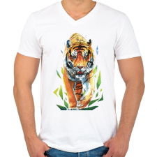 PRINTFASHION Tigris - Férfi V-nyakú póló - Fehér férfi póló