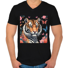 PRINTFASHION tigris pillangókkal és virágokkal - Férfi V-nyakú póló - Fekete férfi póló