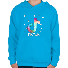 PRINTFASHION Tiktok fehér szivecskékkel - Gyerek kapucnis pulóver - Azúrkék gyerek pulóver, kardigán