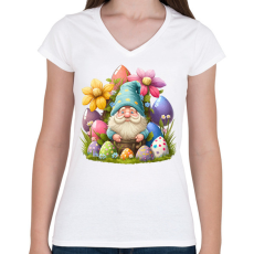 PRINTFASHION Törpe húsvéti tojásokkal - Női V-nyakú póló - Fehér