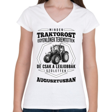PRINTFASHION TRAKTOROS SZÜLINAP - Augusztus - Női V-nyakú póló - Fehér női póló