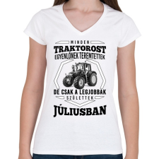 PRINTFASHION traktoros szülinap - július - Női V-nyakú póló - Fehér női póló