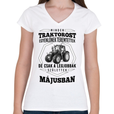 PRINTFASHION TRAKTOROS SZÜLINAP - Május - Női V-nyakú póló - Fehér női póló