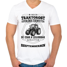PRINTFASHION TRAKTOROS SZÜLINAP - Szeptember - Férfi V-nyakú póló - Fehér