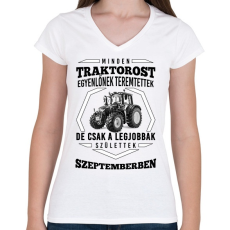 PRINTFASHION TRAKTOROS SZÜLINAP - Szeptember - Női V-nyakú póló - Fehér