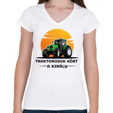 PRINTFASHION Traktorosok közt a király - Női V-nyakú póló - Fehér női póló