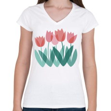 PRINTFASHION Tulipánok - Női V-nyakú póló - Fehér
