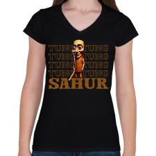 PRINTFASHION Tung tung tung sahur - Női V-nyakú póló - Fekete női póló