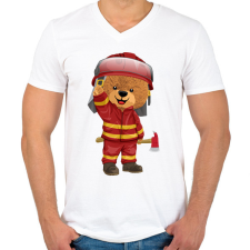 PRINTFASHION Tűzoltó maci - Férfi V-nyakú póló - Fehér férfi póló