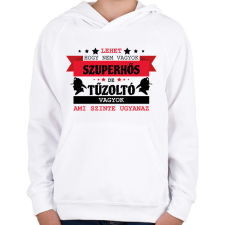 PRINTFASHION Tűzoltó szuperhős - Gyerek kapucnis pulóver - Fehér gyerek pulóver, kardigán