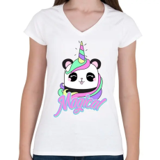 PRINTFASHION Unikornis panda - Női V-nyakú póló - Fehér